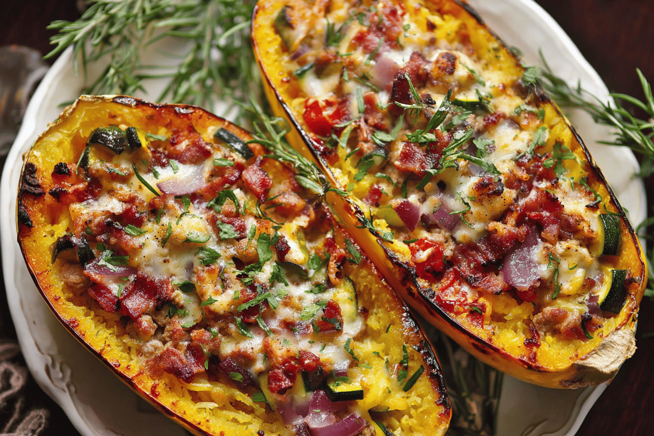 Baked Spaghetti Squash with Zucchini, Corn, and turkey Bacon