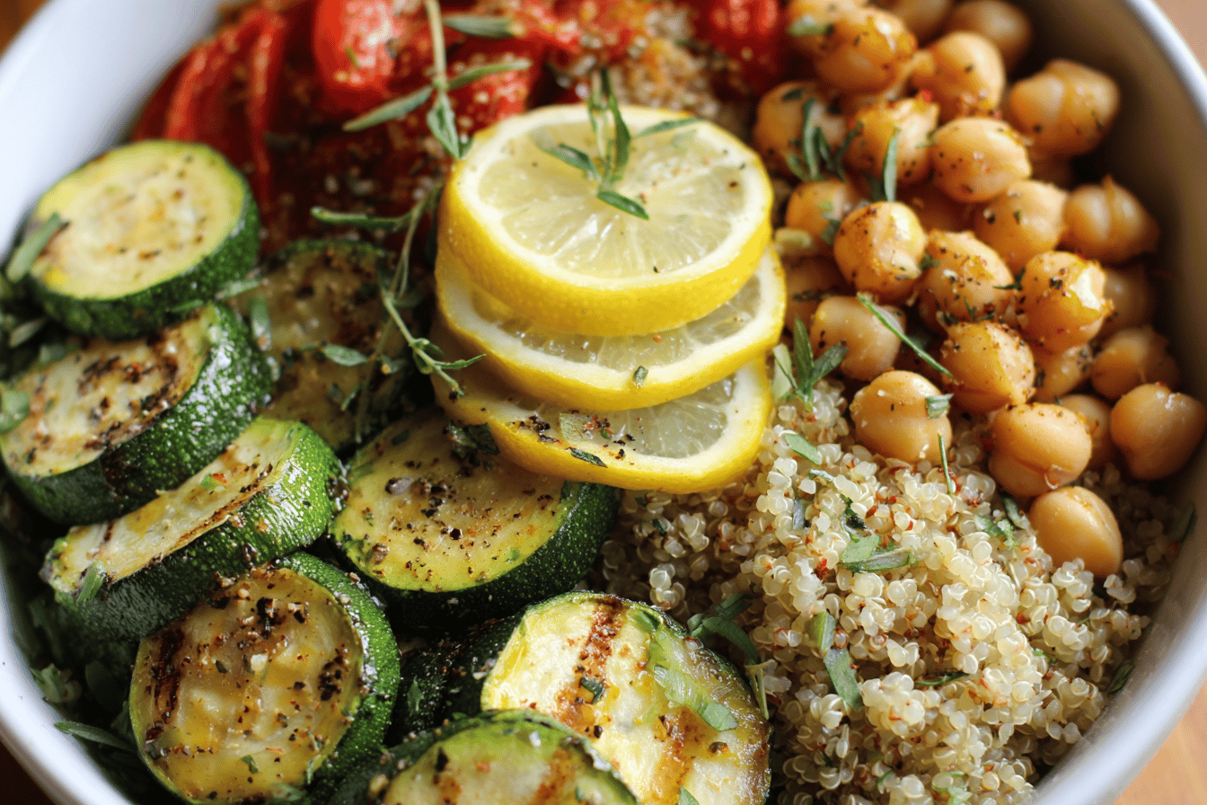 Lemony Grilled Zucchini & Crispy Chickpeas Over Tzatziki