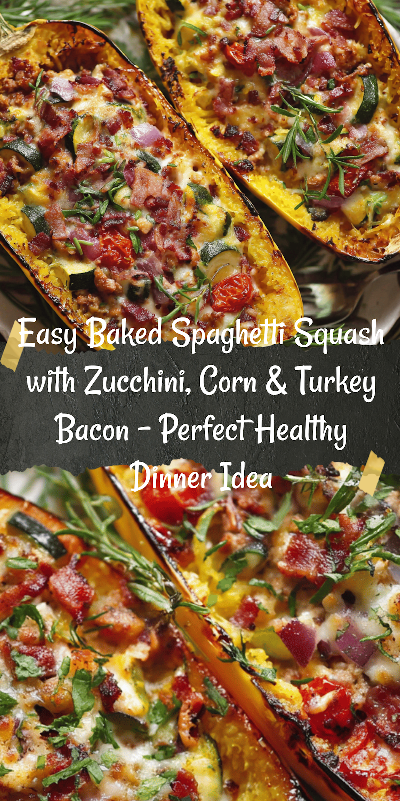 Baked Spaghetti Squash with Zucchini, Corn, and turkey Bacon