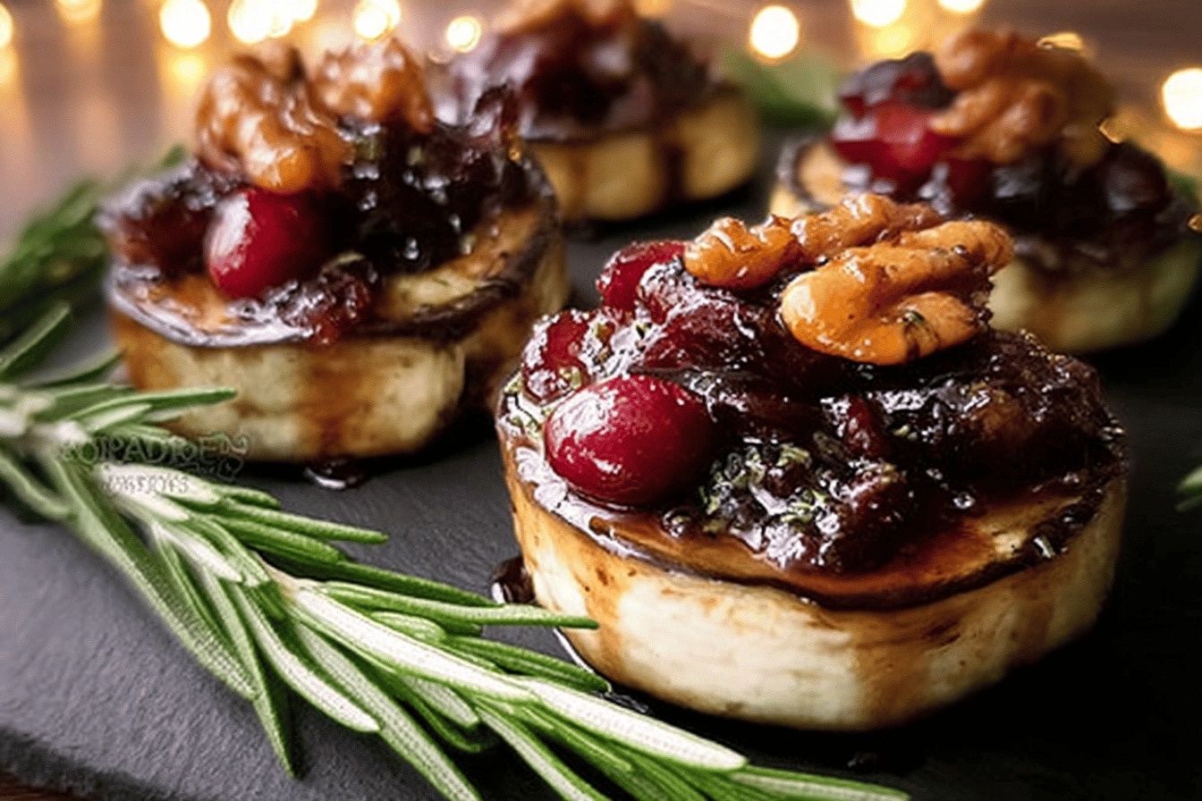 Eggplant Rounds with Brie, Cranberry and Pecans