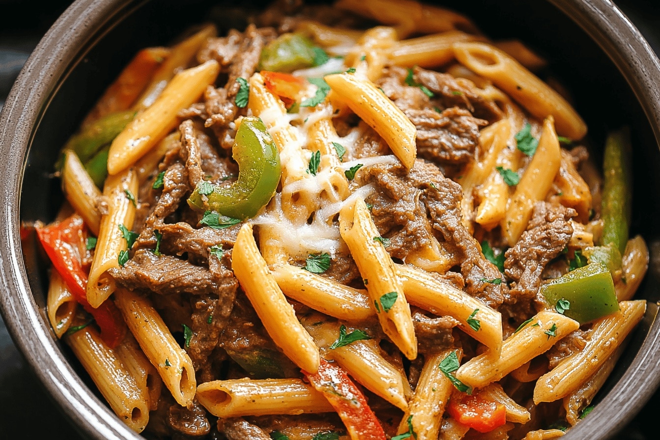 Crockpot Philly Cheesesteak Pasta
