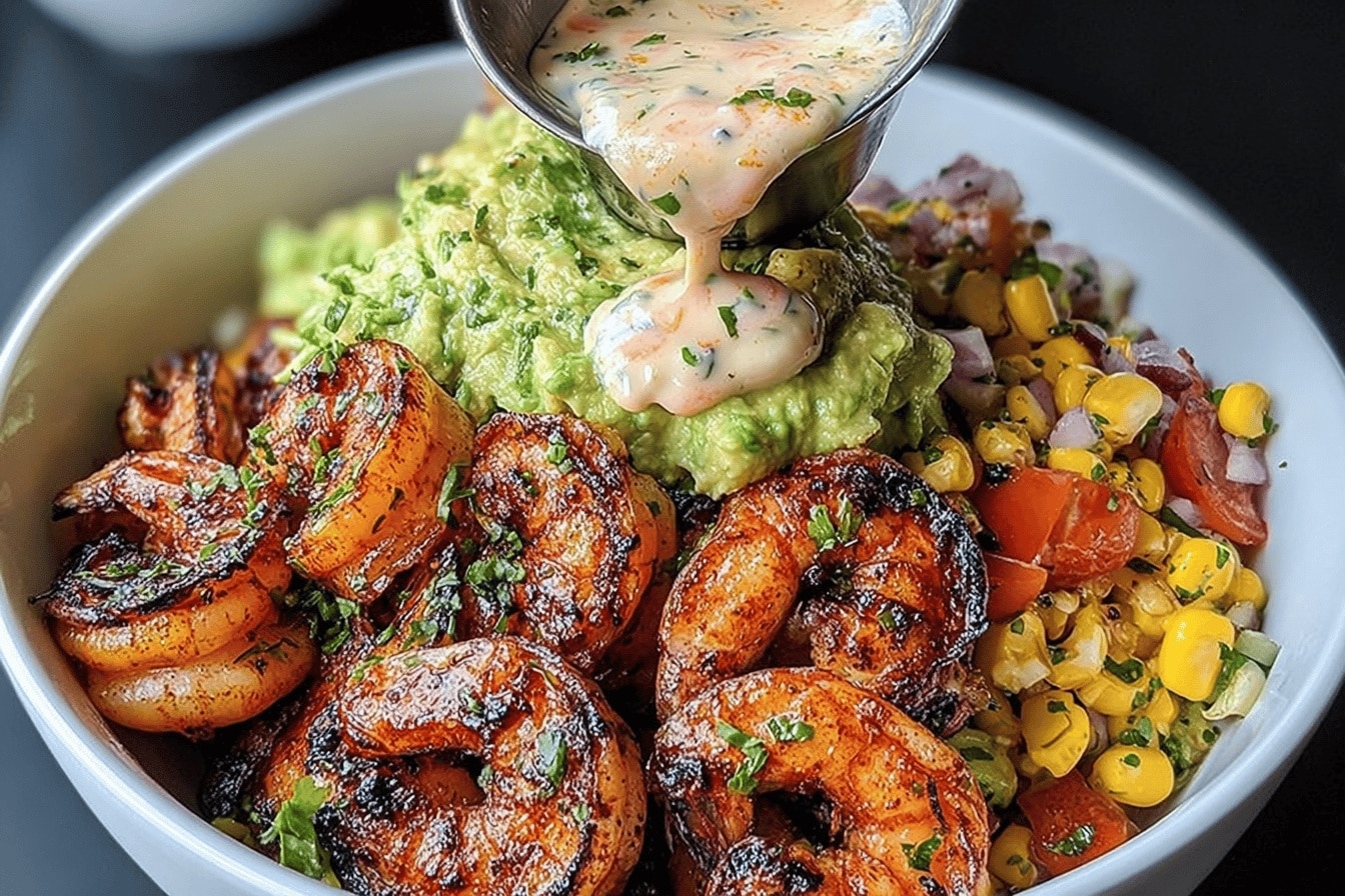 Grilled Shrimp Bowl with Avocado, Corn Salsa & Creamy Garlic Sauce