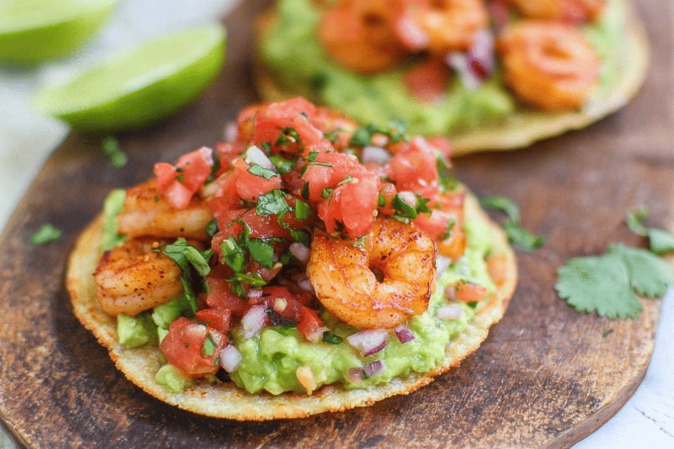 Grilled Shrimp Tostadas with Guacamole & Pico de Gallo