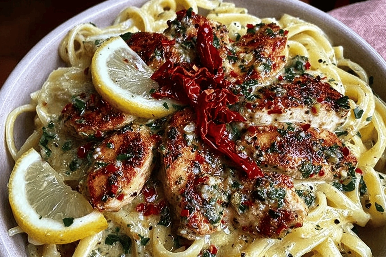 Lemon Garlic Butter Chicken with Creamy Parmesan Linguine
