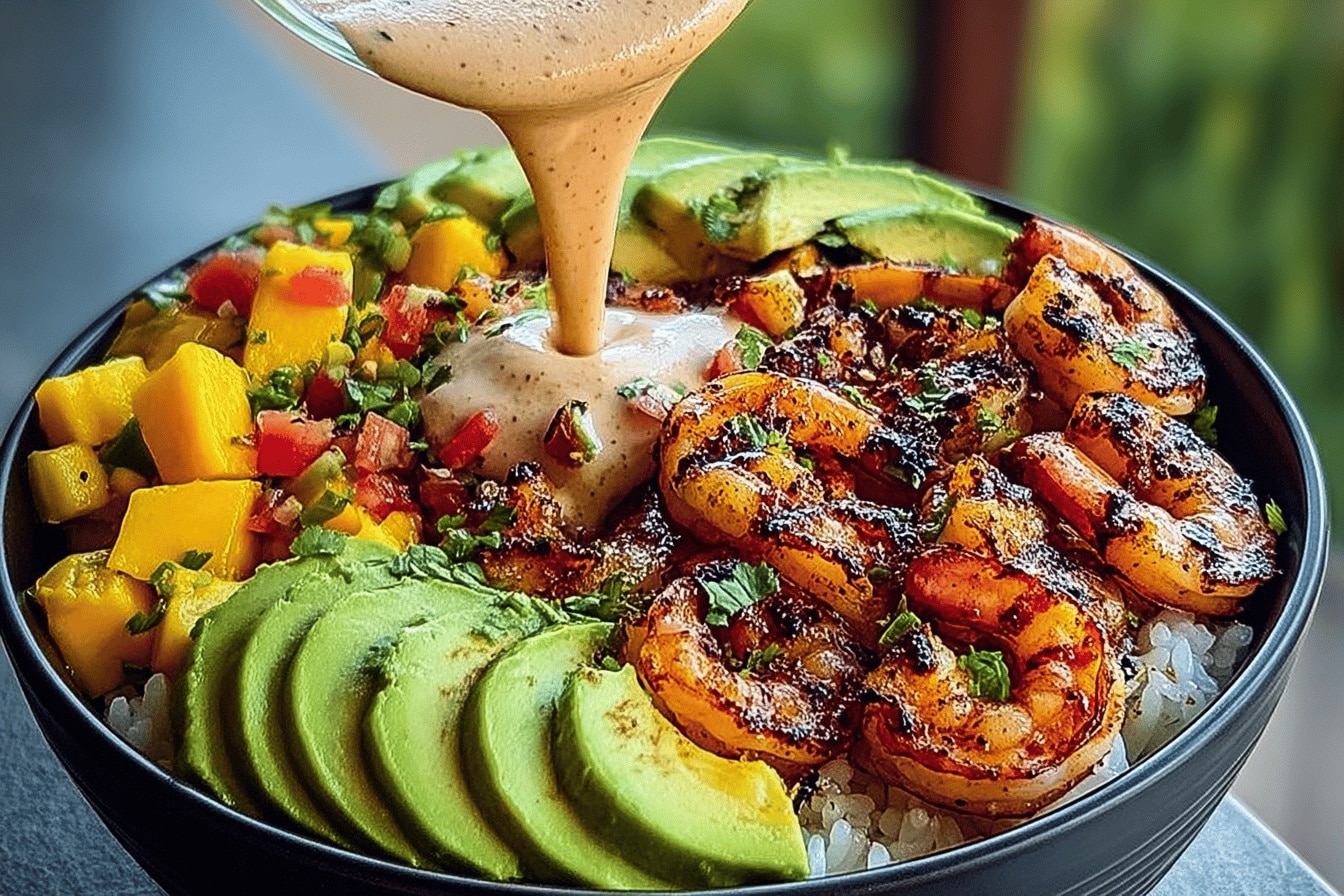 Shrimp and Avocado Bowls with Mango Salsa & Lime-Chili Sauce