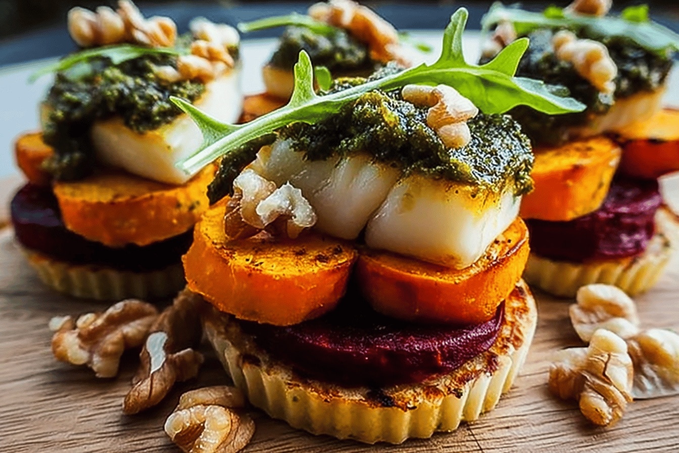 Sweet Potato Rounds with Halloumi, Roasted Beets, and Walnut Sage Pesto