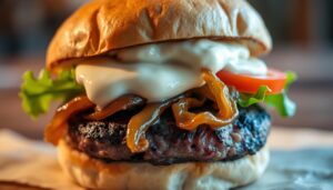 Smash Burger with Caramelized Onions & Garlic Aioli
