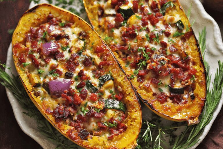 Easy Baked Spaghetti Squash with Zucchini, Corn & Turkey Bacon – Perfect Healthy Dinner Idea