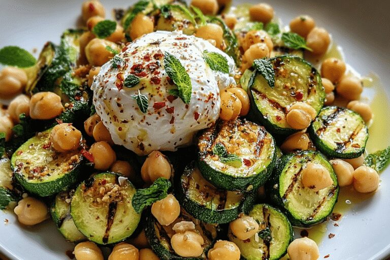 Healthy & Refreshing Grilled Zucchini Chickpea Salad with Creamy Burrata & Chili Oil