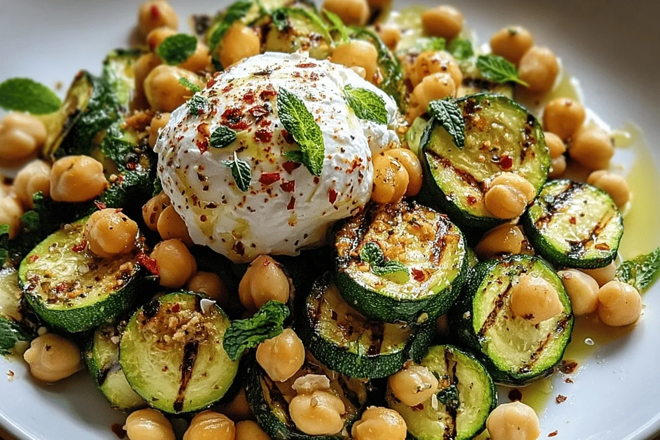 Healthy & Refreshing Grilled Zucchini Chickpea Salad with Creamy Burrata & Chili Oil