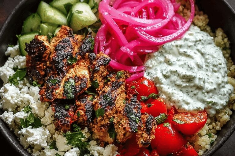 Healthy Loaded Mediterranean Chicken Power Bowl with Fresh Tzatziki & Feta – Quick & Flavorful!