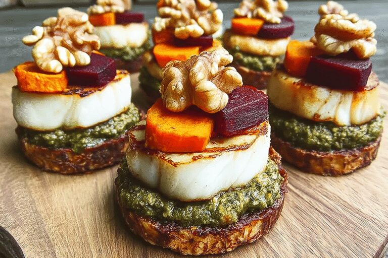 Best Sweet Potato Rounds Appetizer with Halloumi, Beets & Walnut Sage Pesto