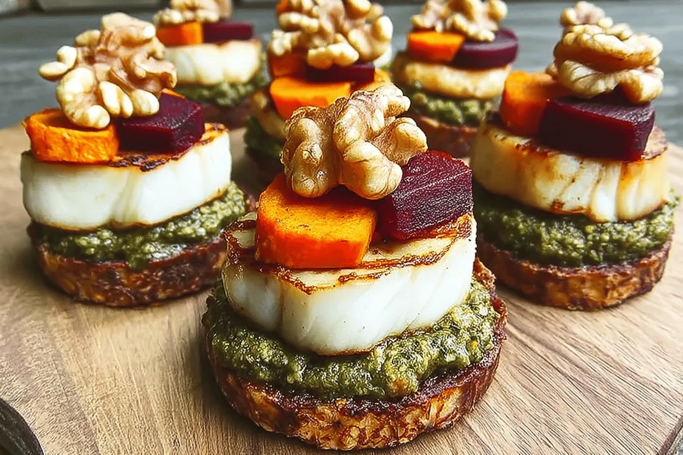Best Sweet Potato Rounds Appetizer with Halloumi, Beets & Walnut Sage Pesto