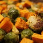 maple roasted sweet potatoes brussels sprouts side dish recipe photo