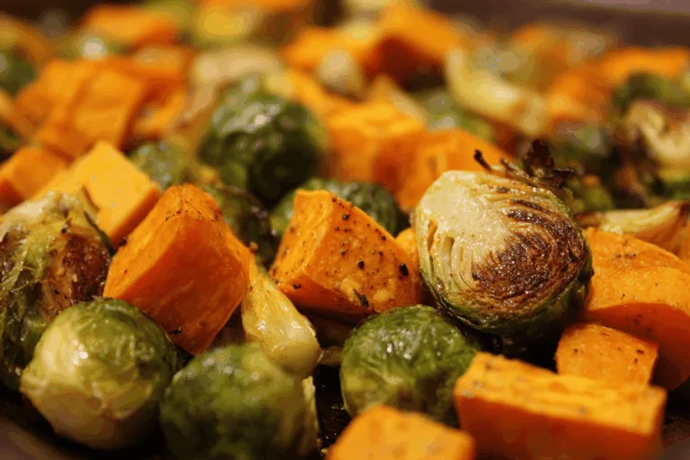 maple roasted sweet potatoes brussels sprouts side dish recipe photo