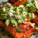 baked salmon avocado feta dinner recipe photo