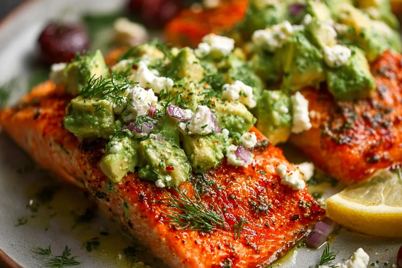 baked salmon avocado feta dinner recipe photo